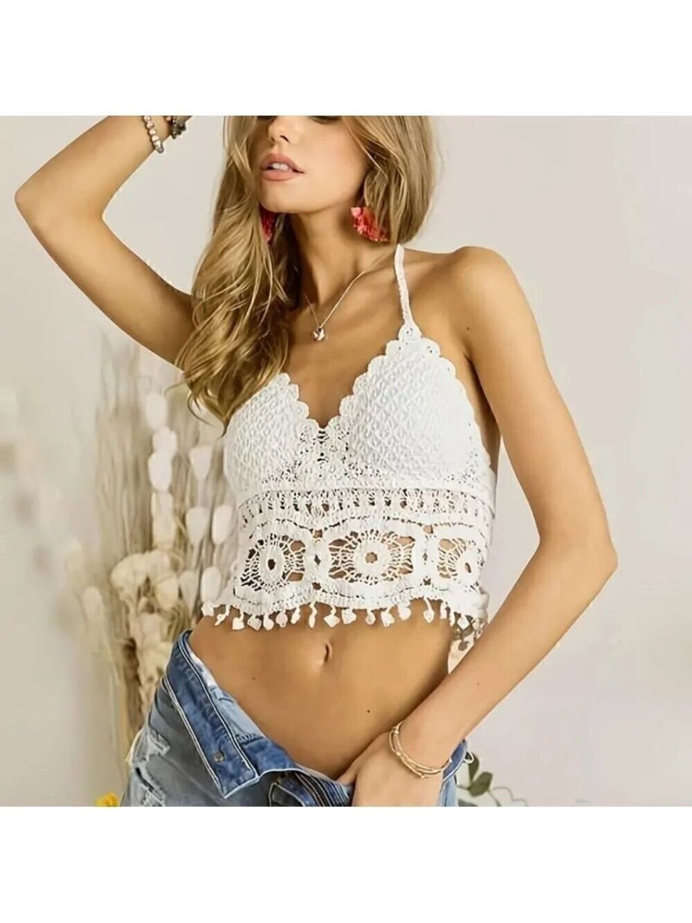 White Crochet Boho Style Crop Top One Size